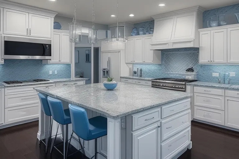 white kitchen with blue pearl granite backsplash ideas 05